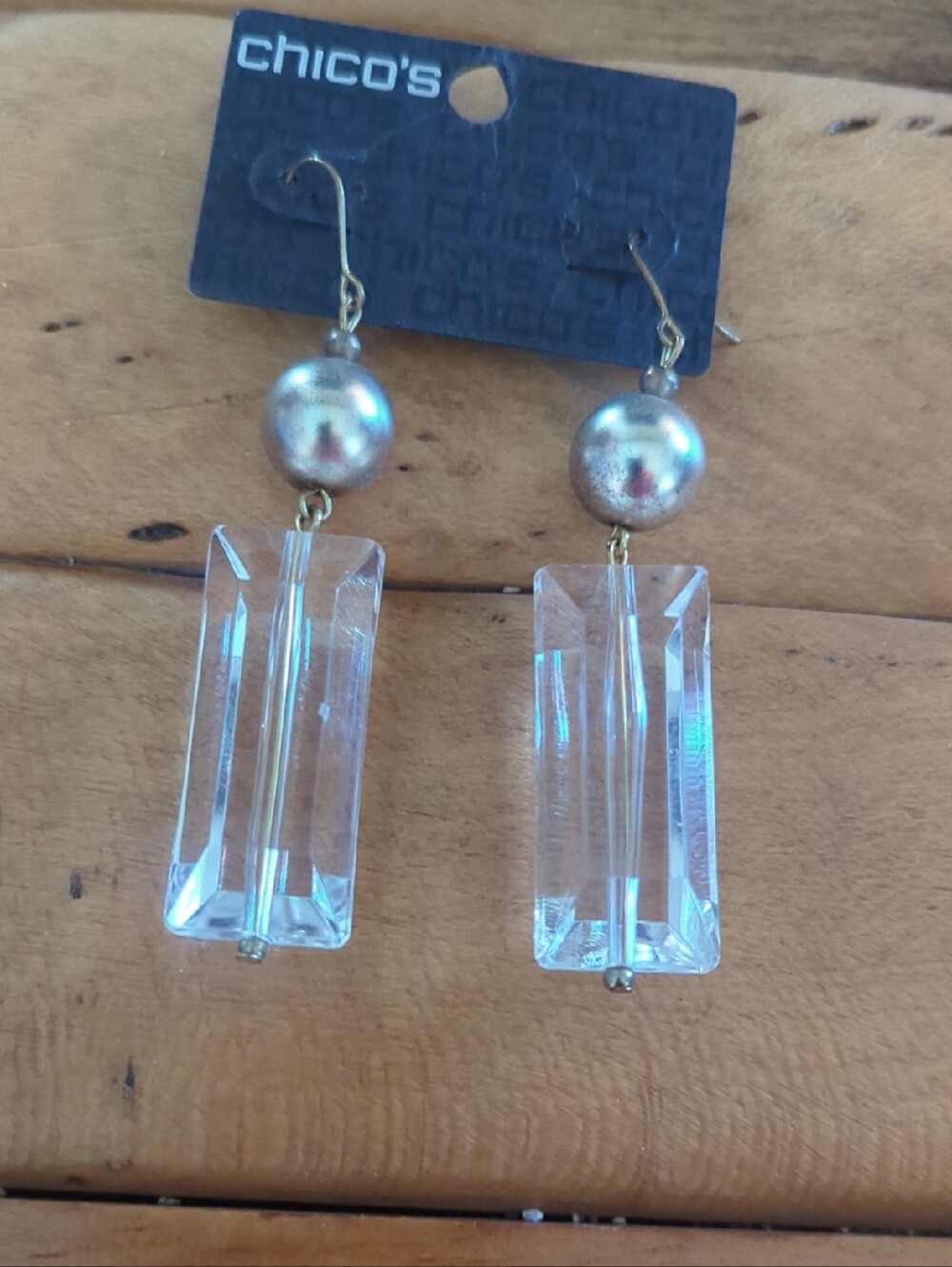 Chico's Gold Pearl and Clear Crystal Rectangular Drop Earrings